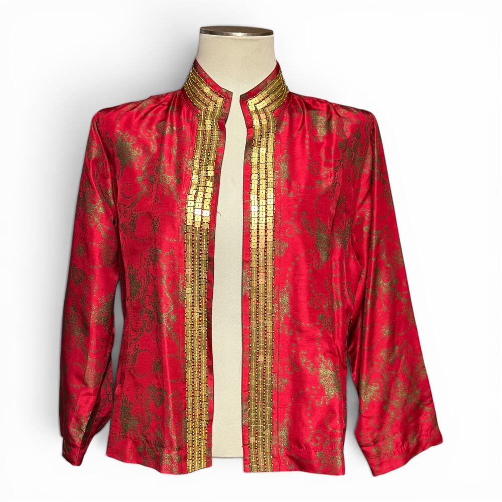 Chico's Silk Mandarin Collar Beaded Sequined Jacket Red Gold 12
